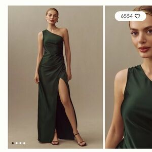 BHLDN One-Shoulder Satin Gown in Deep Green